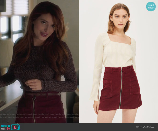 MOTO Zip Through Corduroy Skirt by Topshop worn by Paige Townsen (Bella Thorne) on Famous in Love