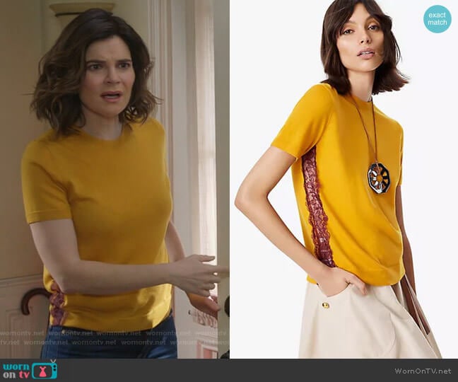 Ruby Lace Inset Sweater by Tory Burch worn by Heather Hughes (Betsy Brandt) on Life in Pieces