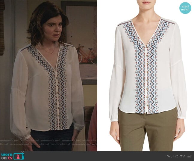 Dream Embroidered Silk Blouse by Veronica Beard worn by Heather Hughes (Betsy Brandt) on Life in Pieces