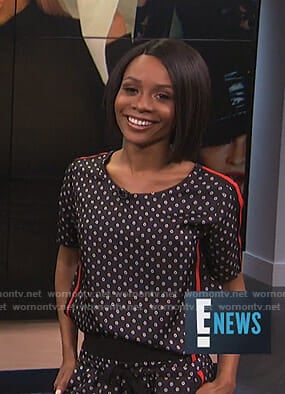 Zuri’s black floral print top and track pants on E! News