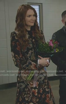 Abby’s black floral jacquard coat on Scandal