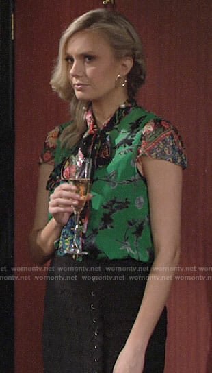 Abby’s green floral bow neck blouse on The Young and the Restless