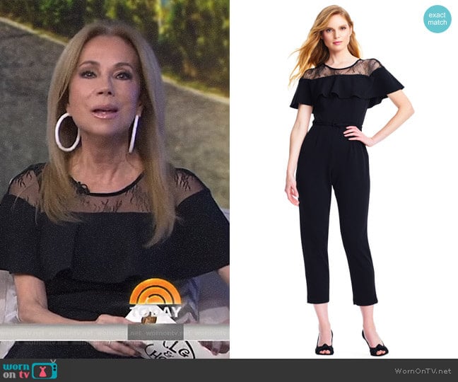 Short Sleeve Jumpsuit with Flounce Illusion Neckline by Adrianna Papell worn by Kathie Lee Gifford on Today