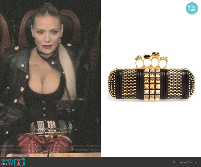 Knuckle Clasp Graphic Studded Box Clutch by Alexander McQueen worn by Dorit Kemsley on The Real Housewives of Beverly Hills