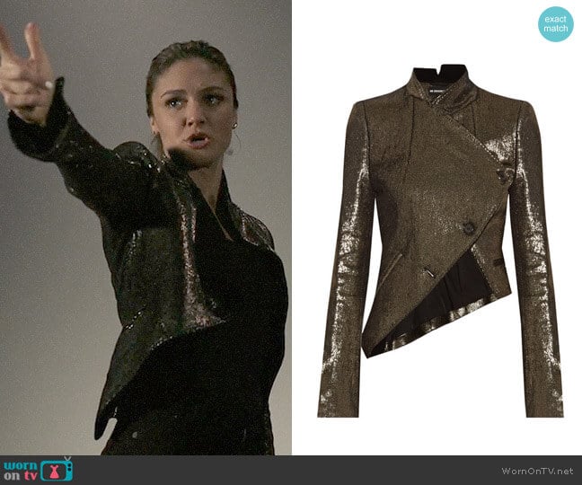 Ann Demeulemeester Asymmetric metallic linen-blend jacket worn by Megan Morrison (Christine Evangelista) on The Arrangement