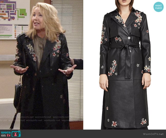 Bcbgmaxazria Alix Embroidered Faux Leather Trench Coat worn by Nikki Reed Newman (Melody Thomas-Scott) on The Young and the Restless