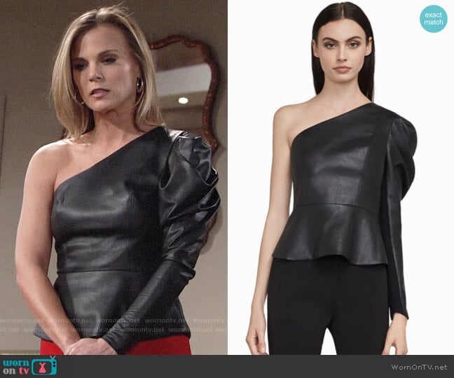 Bcbgmaxazria Lilyan Faux Leather Peplum Top worn by Phyllis Newman (Gina Tognoni) on The Young and the Restless