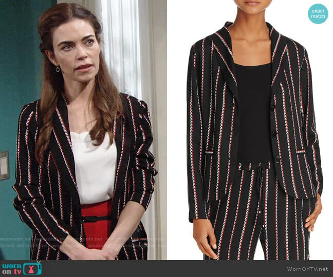 Beltaine Chevron Stripe Crepe Jacket worn by Victoria Newman (Amelia Heinle) on The Young and the Restless