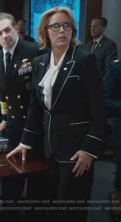 Elizabeth's black blazer with piping trim on Madam Secretary