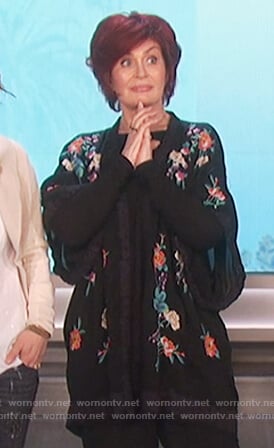 Sharon's black floral embroidered kimono top on The Talk