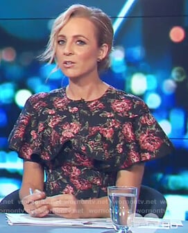 Carrie's black floral print ruffle dress on The Project