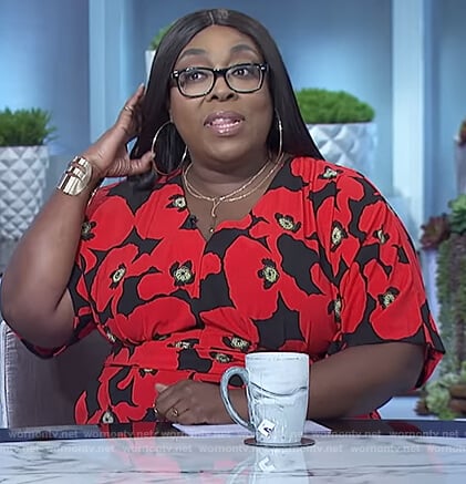 Loni's black and red floral print jumpsuit on The Real