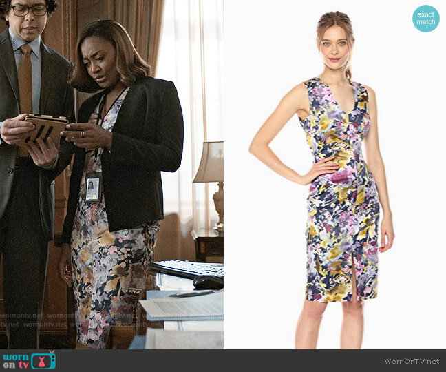 Black Halo Coral Printed Sheath Dress worn by Daisy Grant (Patina Miller) on Madam Secretary