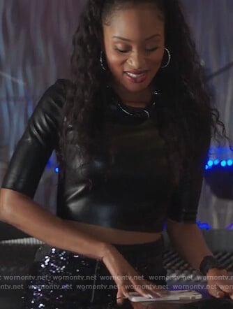 Tangey's black leather top and sequin embellished skirt on Famous in Love