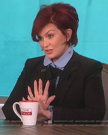 Sharon’s blue bow neck embroidered blouse on The Talk