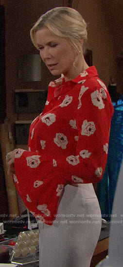 Brooke’s red floral blouse on The Bold and the Beautiful