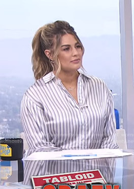 Carissa’s white satin striped shirt on E! News Daily Pop