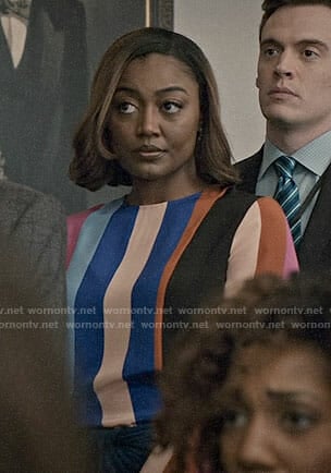 Daisy's multi colored striped blouse and twisted skirt on Madam Secretary