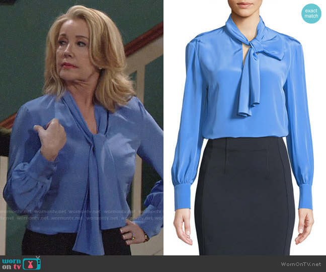 Diane von Furstenberg High Neck Long-Sleeve Silk Bow Blouse worn by Nikki Reed Newman (Melody Thomas-Scott) on The Young and the Restless