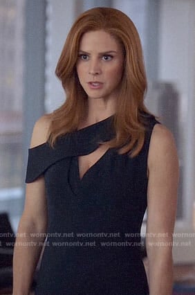 Donna's black v-neck dress with asymmetric shoulders on Suits