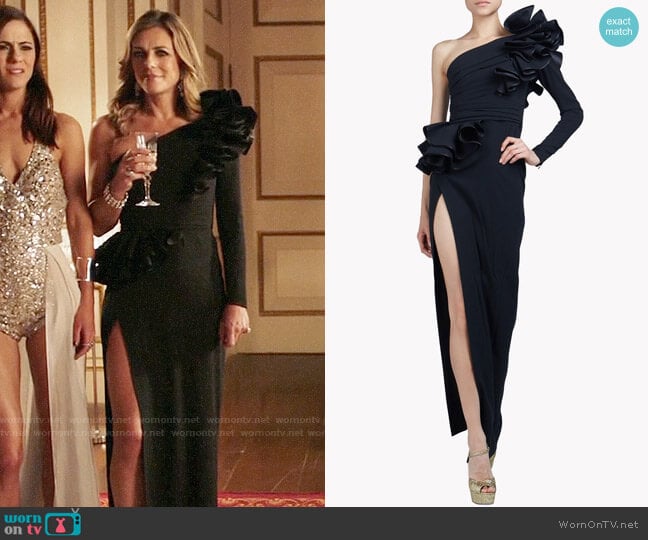 WornOnTV: Helena’s black one-shoulder ruffled gown on The Royals ...