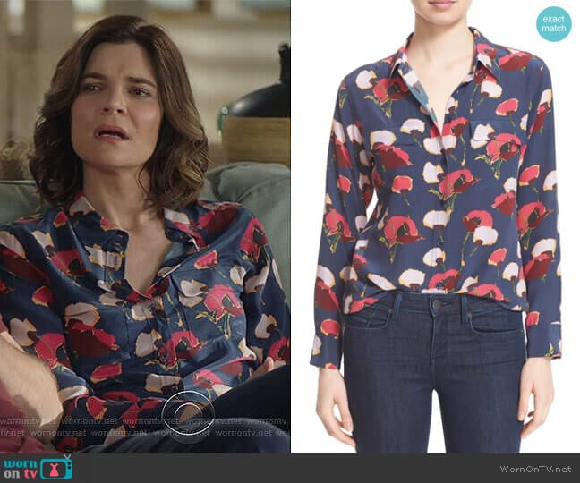 Slim Signature Floral Blouse in Peacoat by Equipment worn by Heather Hughes (Betsy Brandt) on Life in Pieces