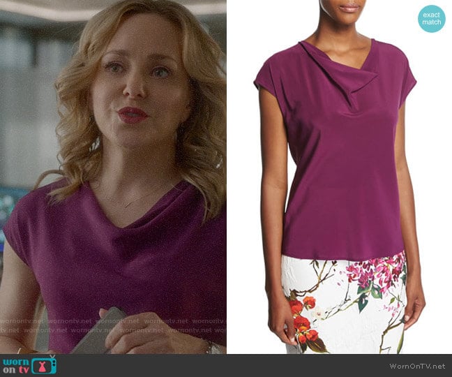 Escada Cowl-Neck Cap-Sleeve Silk Blouse worn by Marissa Morgan (Geneva Carr) on Bull