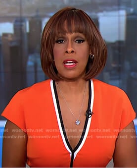 Gayle’s orange v-neck dress with black trim on CBS This Morning