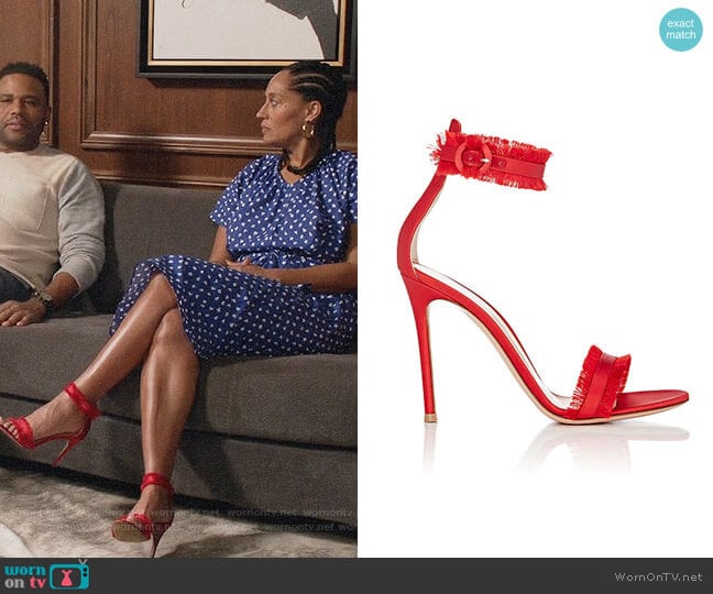 Gianvito Rossi Fringed Caribe Satin Ankle-Strap Sandals worn by Rainbow Johnson (Tracee Ellis Ross) on Black-ish