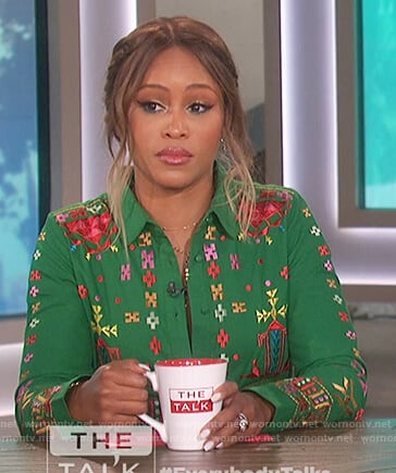 Eve’s green embroidered shirtdress on The Talk