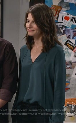 Leslie's green tie neck blouse on Living Biblically