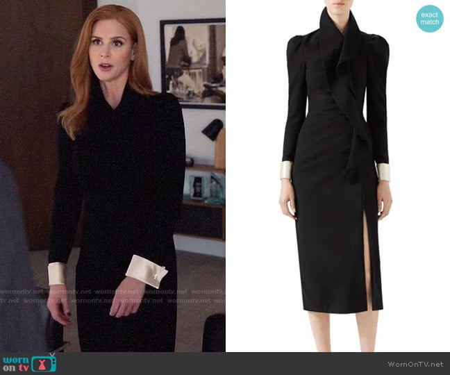 Gucci Wool Dress with Asymmetric Flounce worn by Donna Paulsen (Sarah Rafferty) on Suits