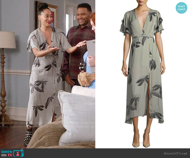 Halston Heritage Flutter-Sleeve Printed Silk Faux-Wrap Dress worn by Rainbow Johnson (Tracee Ellis Ross) on Black-ish