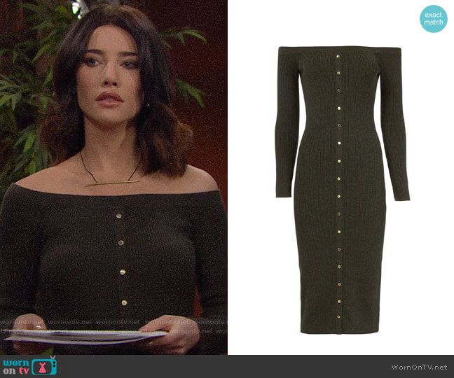 Intermix Renee Off Shoulder Knit Dress worn by Steffy Forrester (Jacqueline MacInnes Wood) on The Bold and the Beautiful