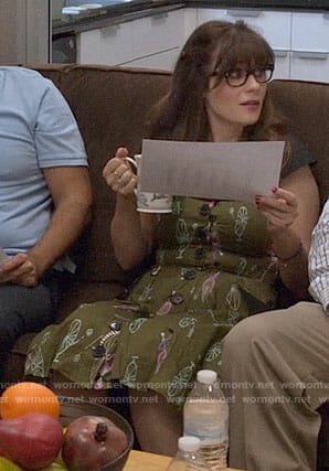 Jess’s green penny farthing print dress on New Girl