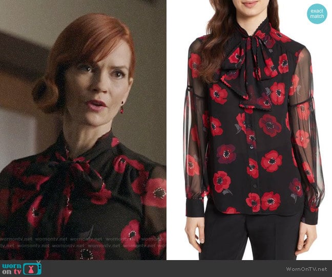 Kate Spade Poppy Chiffon Bow Blouse worn by Penelope Blossom (Nathalie Boltt) on Riverdale