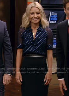 Kelly's blue polka dot blouse and pencil skirt on Live with Kelly and Ryan