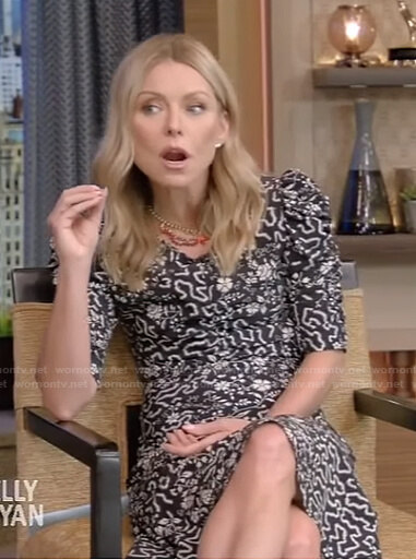 Kelly’s black floral ruched sleeve dress on Live with Kelly and Ryan
