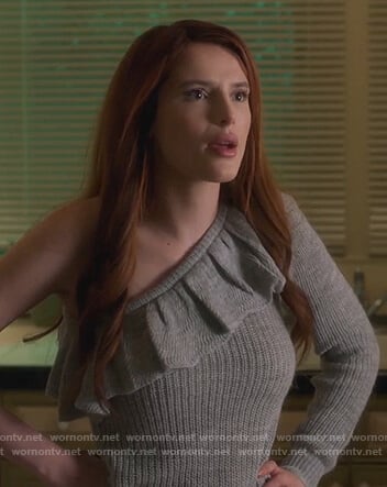 Paige's gray one sleeve ruffle sweater on Famous in Love