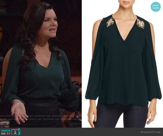 Kobi Halperin Embellished Cold Shoulder Silk Blouse worn by Katie Logan (Heather Tom) on The Bold and the Beautiful