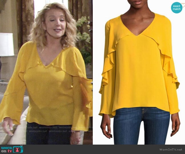 Kobi Halperin Ryann Blouse in Solar Yellow worn by Nikki Reed Newman (Melody Thomas-Scott) on The Young and the Restless