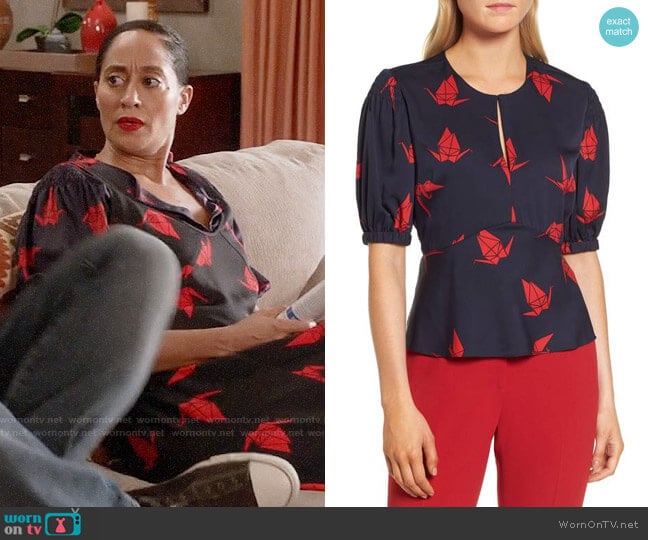 Lewit Puffed Sleeve Print Silk Top worn by Rainbow Johnson (Tracee Ellis Ross) on Black-ish