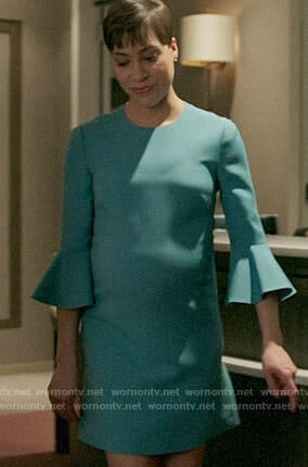 Lucca’s teal bell sleeve dress on The Good Fight