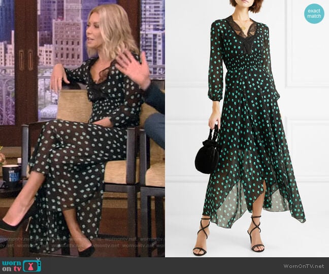 Asymmetric Lace-Trimmed Printed Chiffon Dress by Maje worn by Kelly Ripa on Live with Kelly and Mark