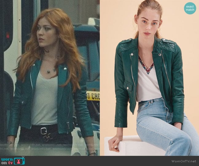 Bassou Leather Jacket by Maje worn by Clary Fray (Katherine McNamara) on Shadowhunters