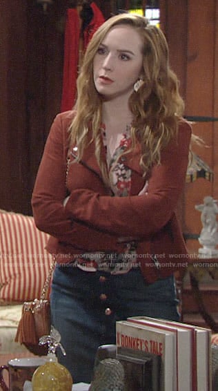 Mariah’s floral blouse, denim skirt and suede jacket on The Young and the Restless