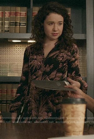 Marissa’s black leaf print dress on The Good Fight