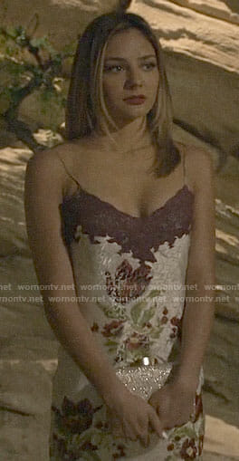 Megan's floral gown with purple lace on The Arrangement
