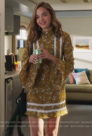 Cassandra's yellow floral print lace trim dress on Famous in Love