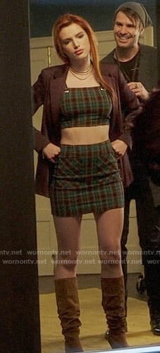 Paige’s green plaid crop top and mini skirt on Famous in Love